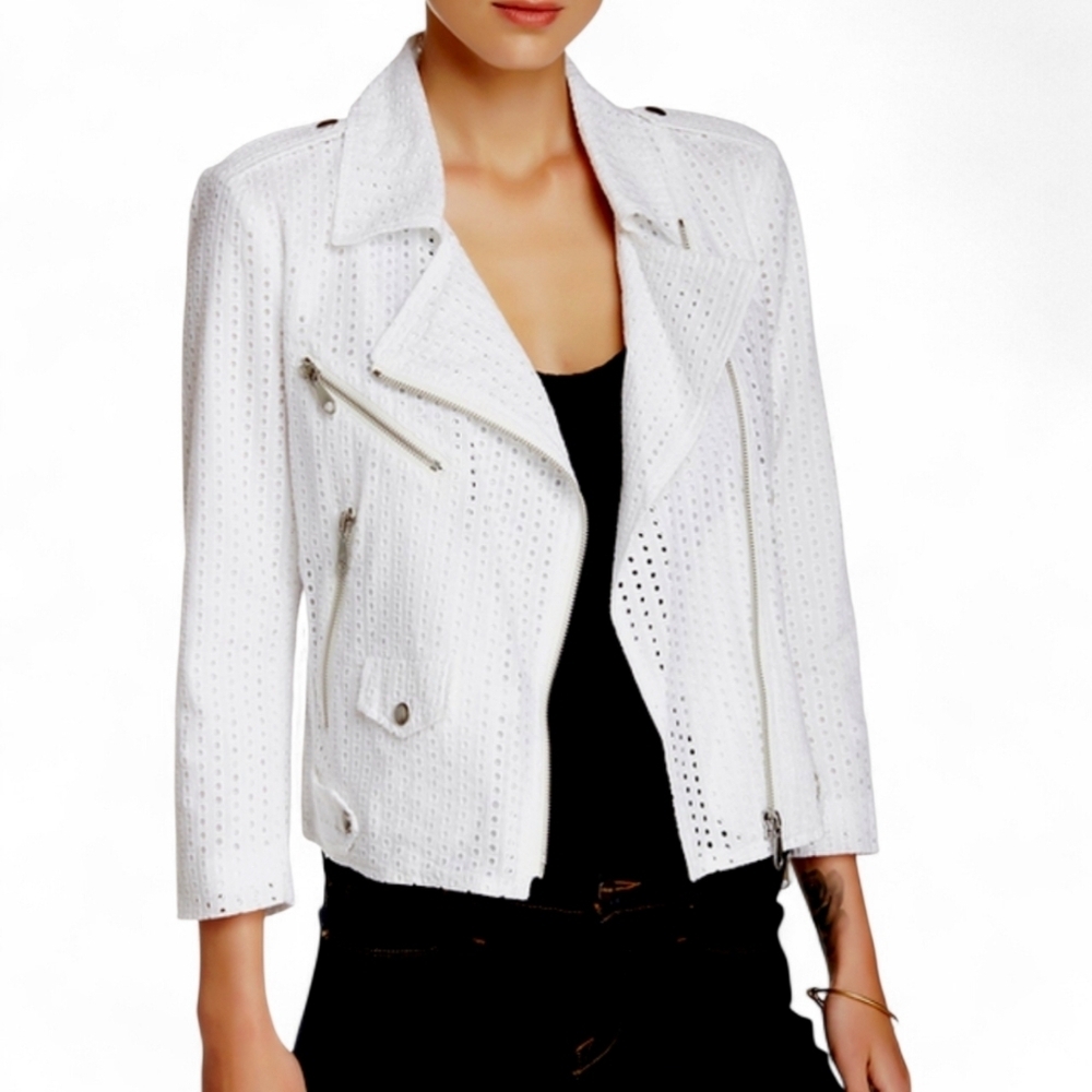 Rebecca Minkoff Wes Moto Jacket In White Cotton Eyelet Size XS